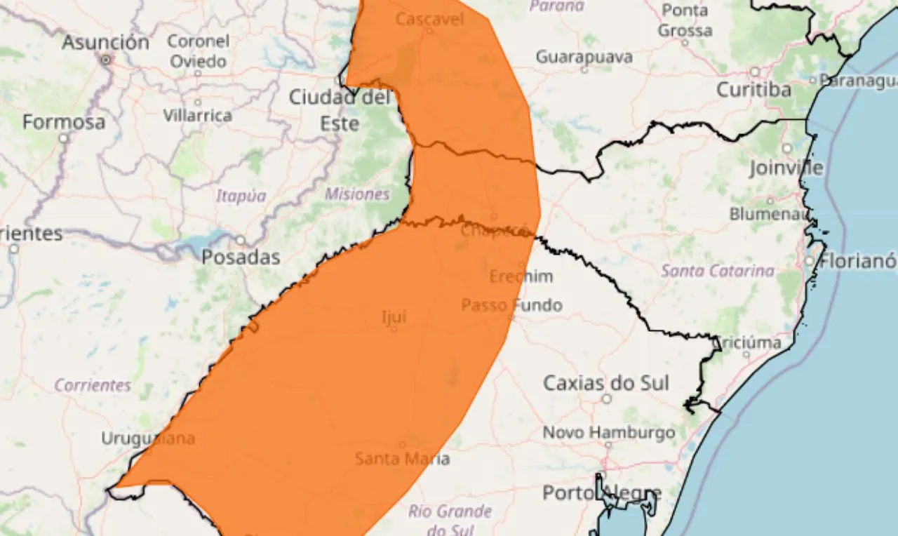 A imagem mostra às áreas em alerta para tempestade em partes da região sul